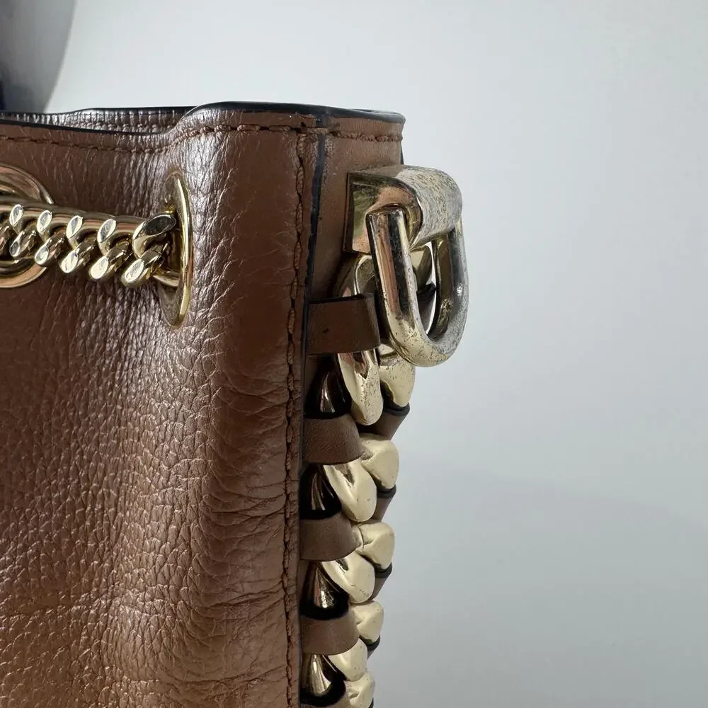 Michael Kors Alamis Bucket Bag Womens Medium Brown Leather Chain Strap Purse